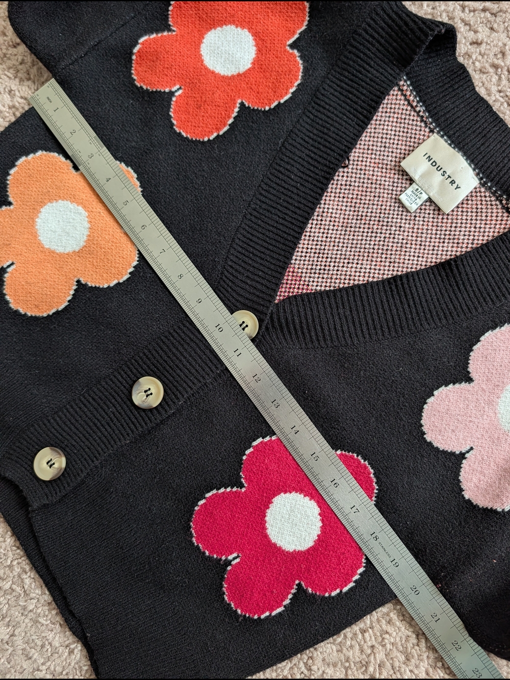Industry Womens Black Pink Floral V-Neck Daisy Button Cardigan Sweater Small - Picture 8 of 10
